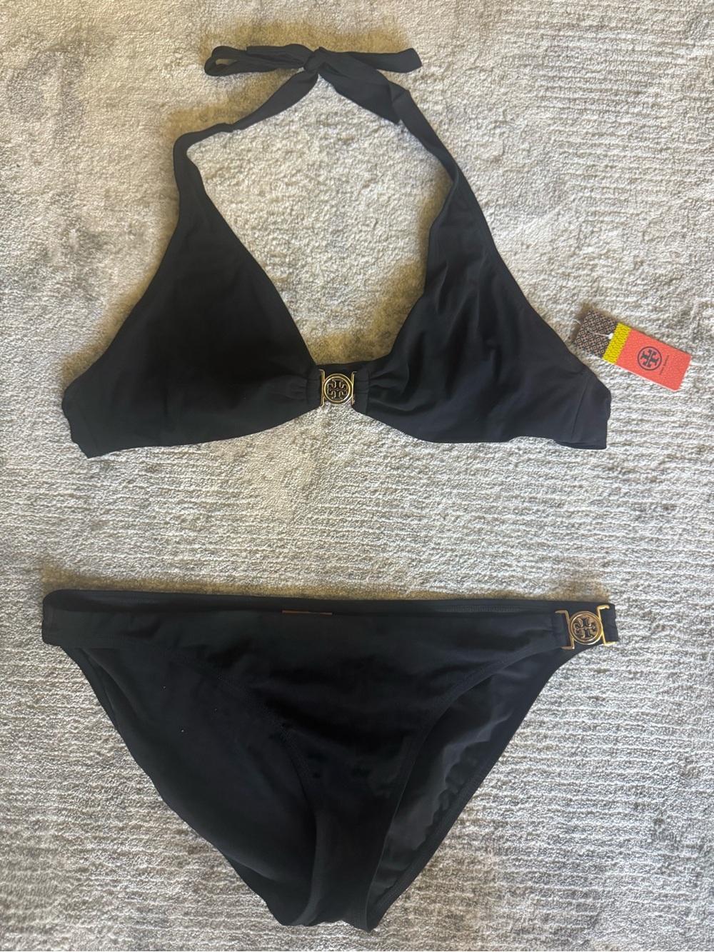Tory Burch Black Halter Bikini with Gold Logo Accents